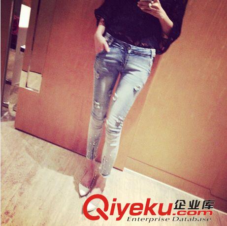 2014新款顯瘦亮片鉚釘破洞 九分褲小腳牛仔褲鉛筆褲女