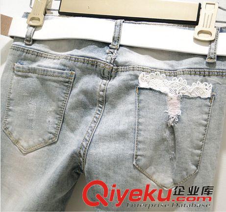 2014夏裝新款韓版破洞蕾絲拼接包臀顯瘦牛仔褲牛仔小腳褲 2103#原始圖片2