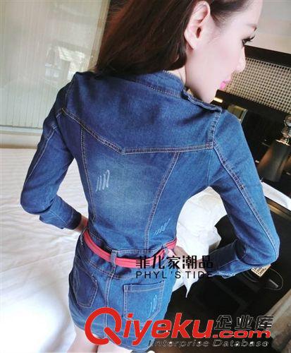 一件代發(fā) 歐洲站女裝 斜拉鏈開(kāi)叉修身牛仔長(zhǎng)袖連衣裙 送腰帶原始圖片3