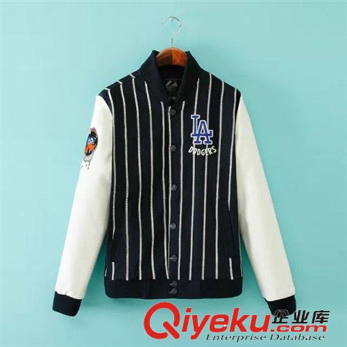 D33-02808 F.M.P 歐美新款時尚豎條紋拼接刺繡字母立領棒球服外套