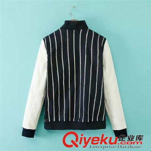 D33-02808 F.M.P 歐美新款時尚豎條紋拼接刺繡字母立領棒球服外套