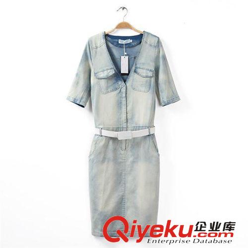 A190-01446 F.M.P 夏季新款名媛風OL氣質修身V領牛仔連衣裙配腰帶原始圖片3