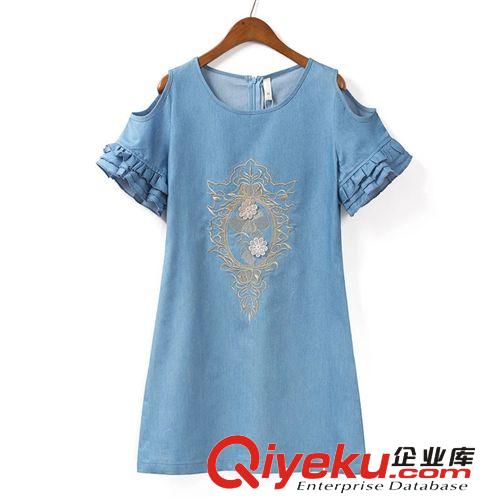A03-00653 F.M.P 韓版刺繡金線(xiàn)露肩喇叭袖牛仔裙原始圖片3