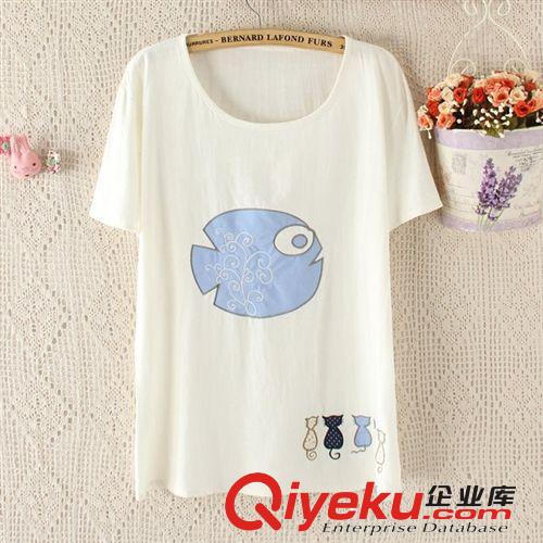 B98-00534 F.M.P 夏季新款時(shí)尚刺繡貼布小魚(yú)棉麻短袖T恤原始圖片2