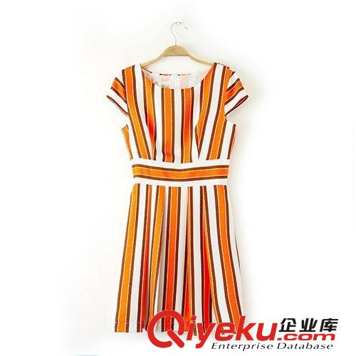 A01-00301 F.M.P 歐美風(fēng)高腰撞色彩條紋印花短袖連衣裙原始圖片2
