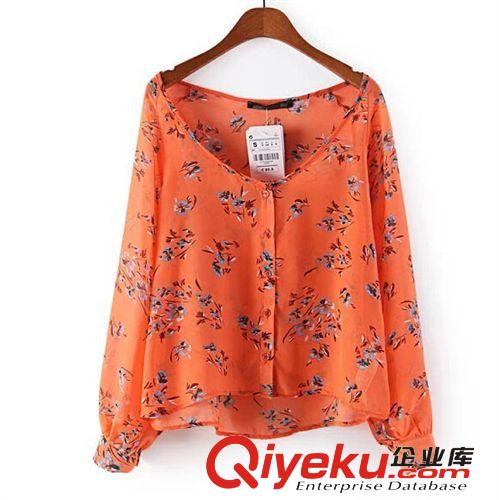 D40-00072 F.M.P 歐美夏季新款時(shí)尚橘底小碎花單排扣長(zhǎng)袖襯衫原始圖片2