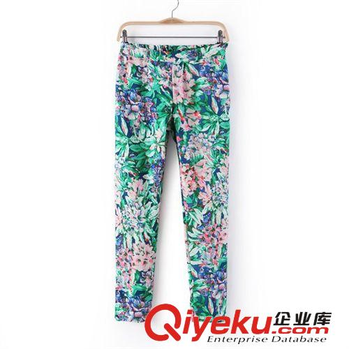 B40-00040 F.M.P 歐美夏季新款時(shí)尚松緊腰綠色印花休閑長褲原始圖片2