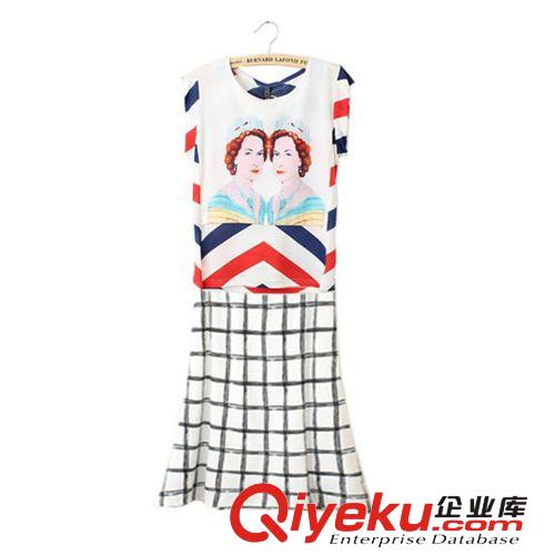 A163-92-073 F.M.P 歐美風(fēng)山水印花圖案網(wǎng)紗拼接中袖連衣裙