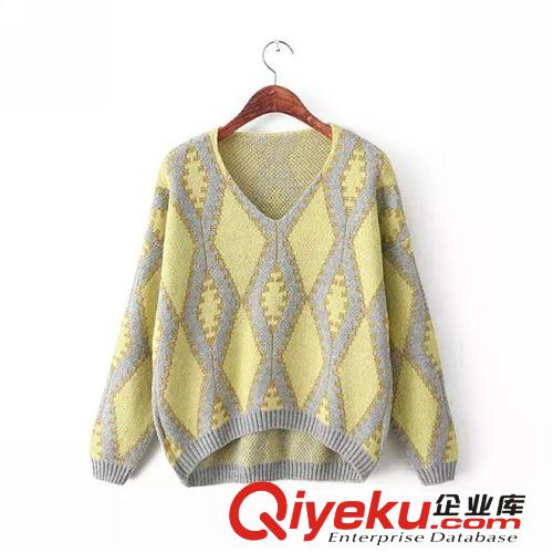 D57-01599 F.M.P[780]歐美新款V領幾何菱形格子圖案套頭毛衣