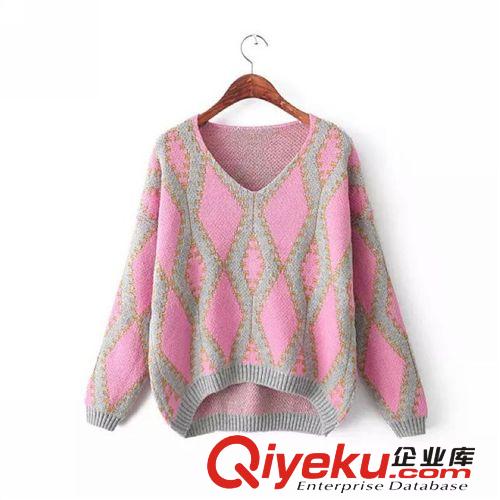 D57-01599 F.M.P[780]歐美新款V領幾何菱形格子圖案套頭毛衣