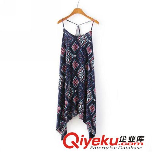 A40-01524 F.M.P 歐美新款性感菱形幾何印花不規(guī)則吊帶連衣裙