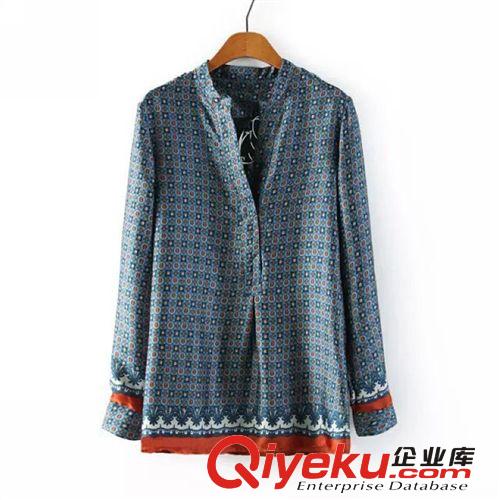 D74-01313 F.M.P【8069】歐美立領(lǐng)仿真絲圓點(diǎn)定位印花長(zhǎng)袖襯衫原始圖片3