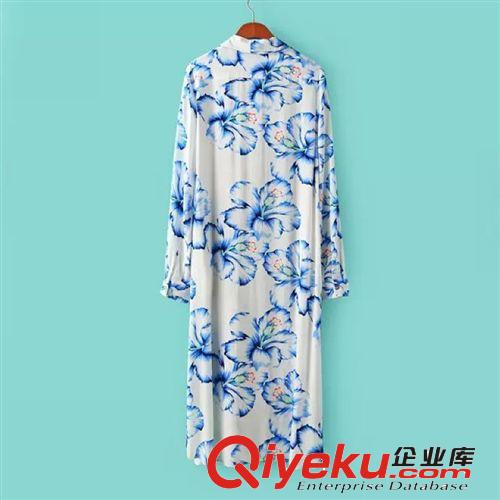 A145-01305 F.M.P[6008]歐美翻領(lǐng)藍(lán)色大花朵印花襯衫式連衣裙