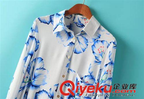 A145-01305 F.M.P[6008]歐美翻領(lǐng)藍(lán)色大花朵印花襯衫式連衣裙