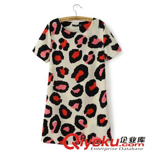 A83-00956 F.M.P 夏季新款歐美時尚紅色豹紋印花短袖連衣裙原始圖片2