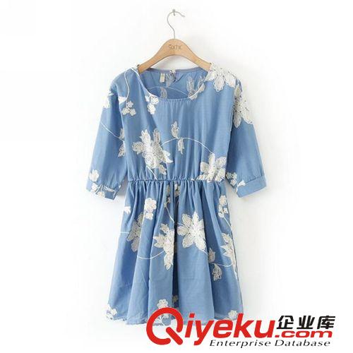 A21-00734 F.M.P 歐美風(fēng)夏季新款藍(lán)底立體花朵百褶連衣裙原始圖片2