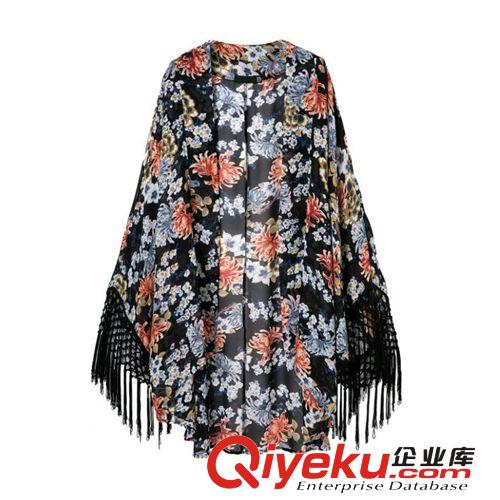 A53-00692 F.M.P【911】歐美新款寬松V領藍底大花朵和服式連衣裙