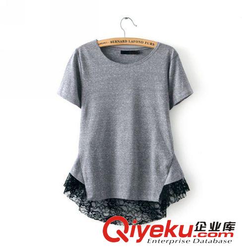 B189-00608 F.M.P 歐美夏季新款蕾絲拼接小燕尾圓領(lǐng)短袖T恤原始圖片2