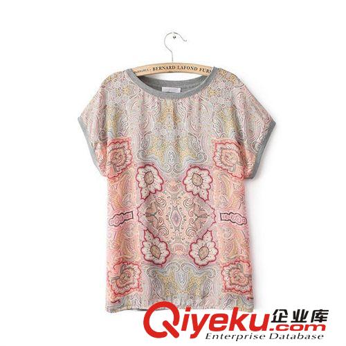 B142-00476 F.M.P 歐洲站夏季新款時(shí)尚百搭拼色花紋短袖T恤原始圖片2