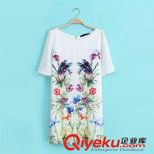 A08-00462 F.M.P 歐美夏季新款時(shí)尚對(duì)稱飛鳥花朵中袖連衣裙原始圖片2