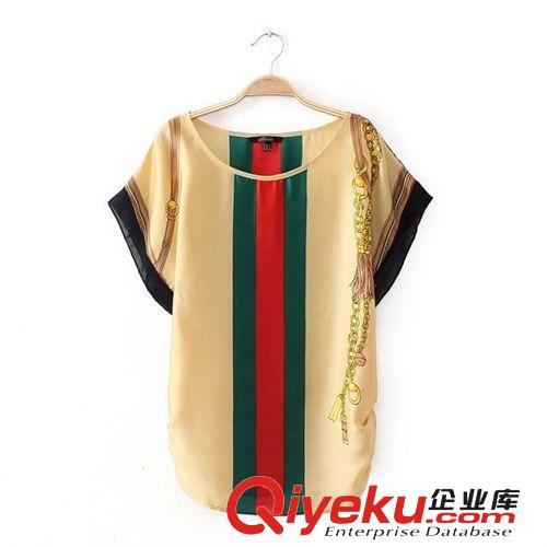 B71-00066 F.M.P 歐洲站夏裝新款時(shí)尚撞色定位彩條紋印花短袖T恤原始圖片3