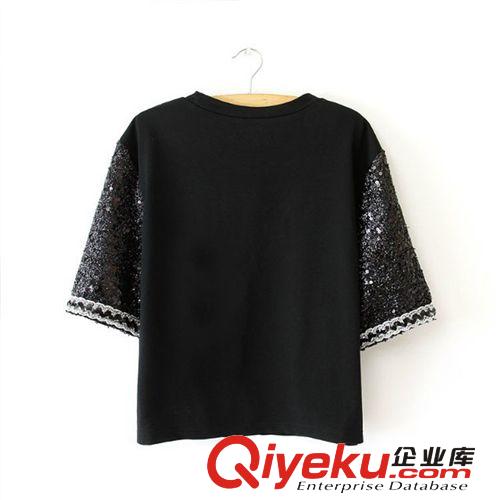 B187-00203 F.M.P  歐美風(fēng)時(shí)尚潮流袖口亮片字母印花圓領(lǐng)T恤原始圖片2