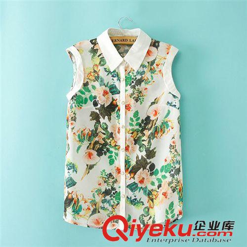 D01-97-079 F.M.P 歐美風(fēng)時(shí)尚翻領(lǐng)喇叭花圖案無袖襯衫原始圖片3