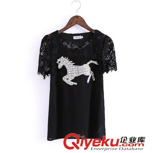 B61-96-097 F. M.P 歐美鉆石馬圖案蕾絲拼接雪紡T恤