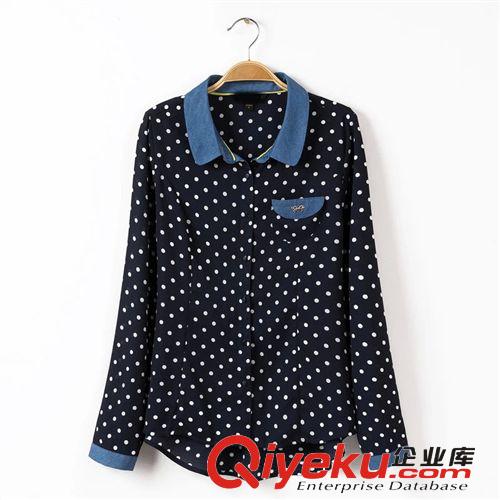 D03-96-071 F.M.P 韓版牛仔拼接娃娃領(lǐng)波點(diǎn)雪紡襯衫