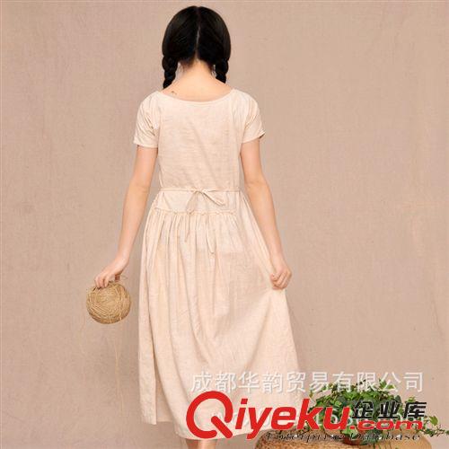 2014新款原創(chuàng)中國風荷花長裙夏棉麻圓領套頭女裝民族風手繪連衣裙原始圖片2