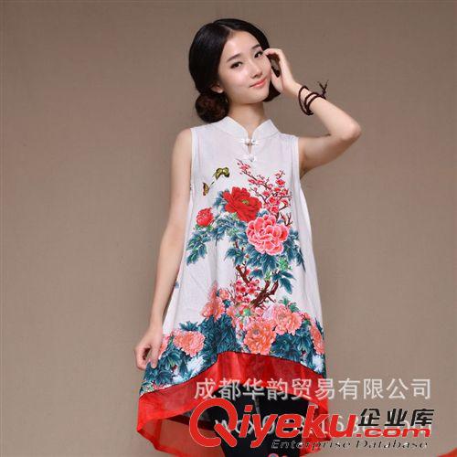 2014新款民族風女裝夏裝棉麻繡花背心裙拼接無袖中式長裙連衣裙
