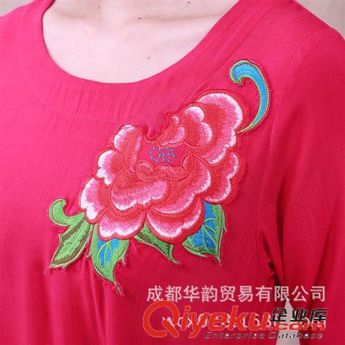 2014夏季新款民族風女裝棉麻刺繡不規則下擺中袖長裙連衣裙原始圖片3