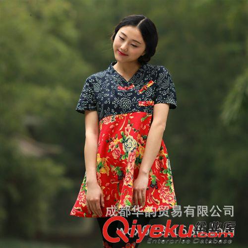 2014夏新款民族風女裝長裙 棉麻圓領手繪文藝休閑短袖連衣裙
