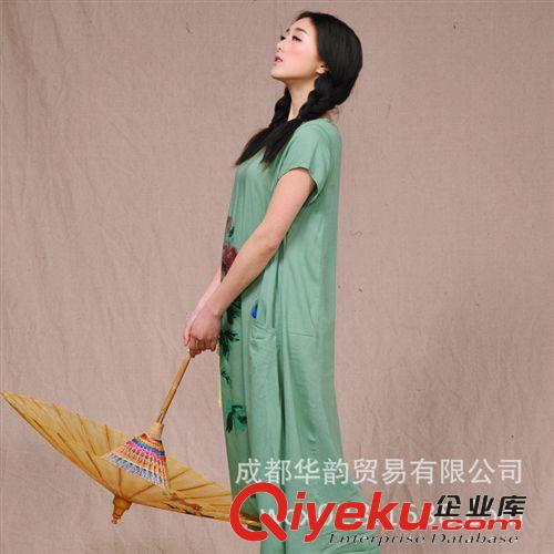 2014夏新款民族風女裝長裙 棉麻圓領手繪文藝休閑短袖連衣裙原始圖片2