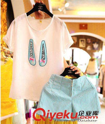 2014韓版女裝鞋子印花雪紡衫短袖波點(diǎn)短褲兩件套裝 廠家直銷原始圖片3