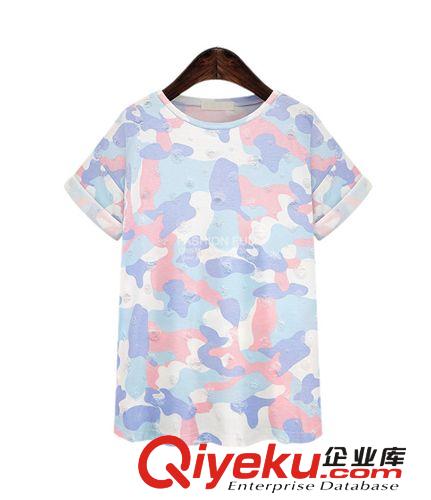廣州貨源 歐洲站夏裝新款寬松迷彩短袖T恤襯衣女裝休閑百搭T恤