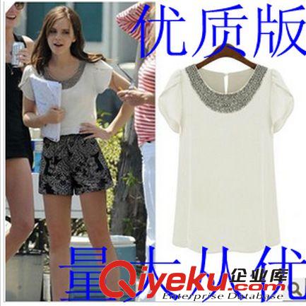 廣州貨源 2013歐美新款雪紡衫 夏 短袖 女裝釘珠荷葉袖雪紡上衣原始圖片3