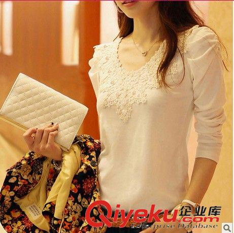 2013秋季新款蕾絲花邊t恤韓版大碼女裝修身棉T恤女士長袖原始圖片2