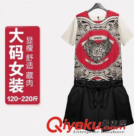 歐美大碼女裝夏裝新款胖mm歐洲運動套裝抽象圖案短袖T恤中褲原始圖片2