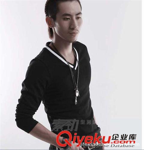 韓版新款男士高質量卡萊純棉 打底衫韓版 拼色V領長袖 T恤原始圖片3