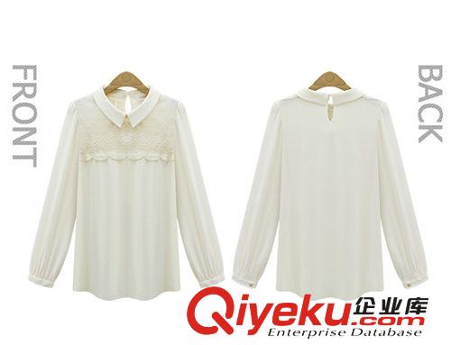 2014歐美明星款百搭長袖蕾絲拼接翻領(lǐng)高密雪紡衫 女襯衫原始圖片2