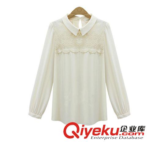 2014歐美明星款百搭長袖蕾絲拼接翻領(lǐng)高密雪紡衫 女襯衫原始圖片3