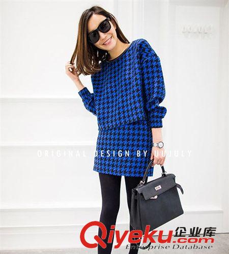 2014秋冬新款女歐美小香風(fēng)名媛套裝裙 七分袖千鳥(niǎo)格休閑套裝原始圖片2