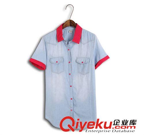 夏季新款 2014爆款女裝 學(xué)院風(fēng) 水洗漸變淺色短袖牛仔襯衣 襯衫