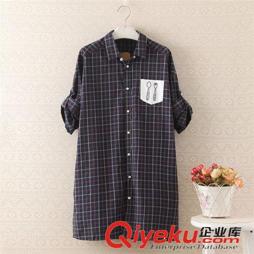 032秋新款外貿(mào)日單格紋貼刺繡刀叉女式7分袖長(zhǎng)款格子襯衫襯衣女