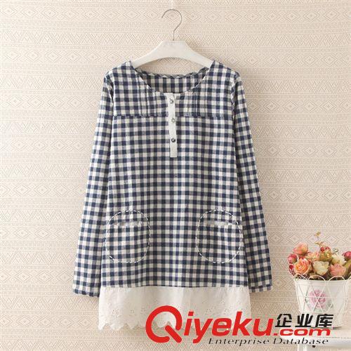 034秋季新款日系小清新森女風(fēng)磨毛全棉格紋花邊長袖寬松連衣裙原始圖片2