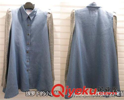 潮流女裝批發(fā) 2012墊肩泡泡袖小翻領(lǐng)撞色牛仔女裝襯衣長袖 娃娃衫