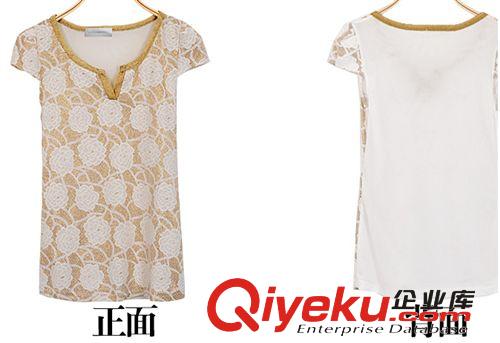 2013新款 夏裝 女 {jz}女人味 金色蕾絲花泡泡袖 V領(lǐng)修身顯瘦T恤原始圖片2