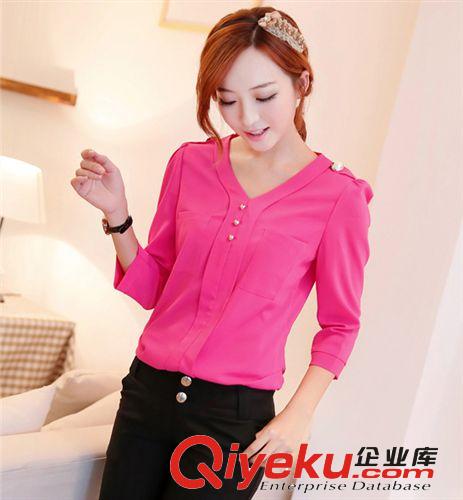 2013新款女裝 秋季韓版襯衫 女修身顯瘦大碼V領(lǐng)打底小衫原始圖片3