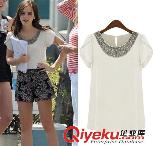 2013新款 夏 女裝 釘珠荷葉袖 純色雪紡上衣原始圖片3